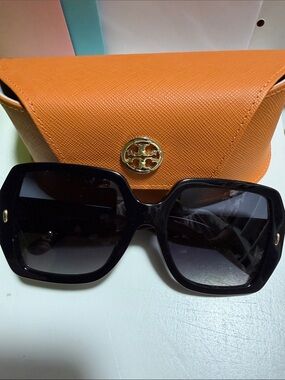 Tory Burch Black Square Sunglasses with Orange Logo Case